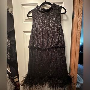 Eliza J Sequin and Feather Blouson Cocktail Dress
